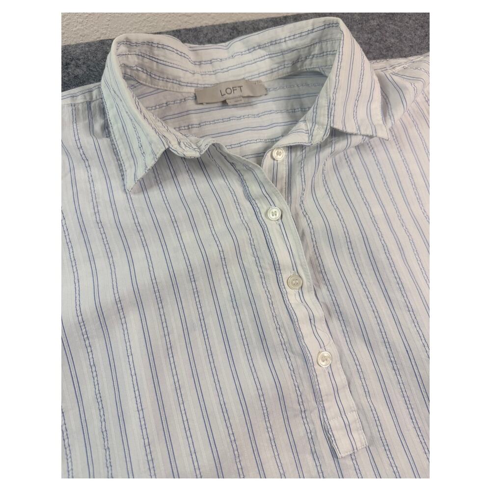 LOFT White Blue Stripe 100% Cotton Oversized Button Front Shirt Women Large - Picture 5 of 8